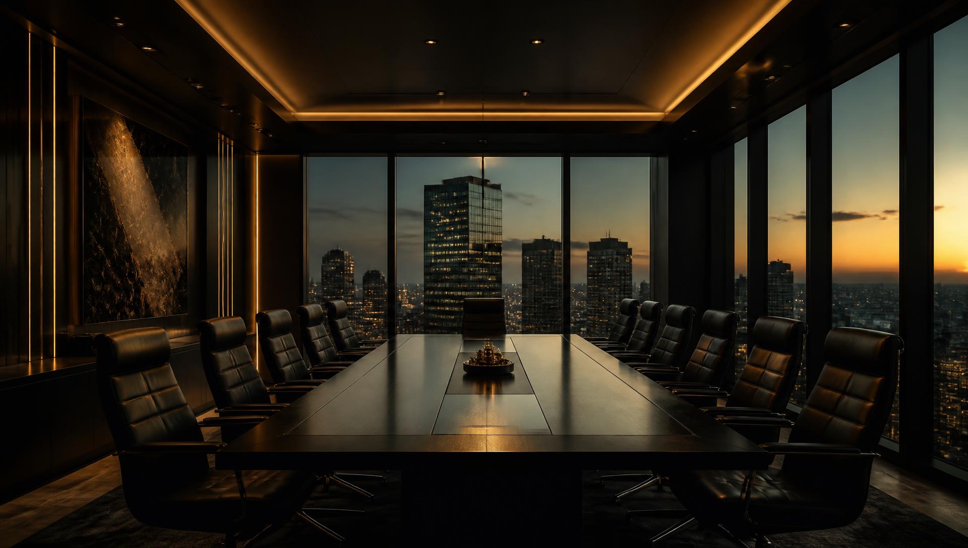 Executive boardroom overlooking a city skyline at dusk